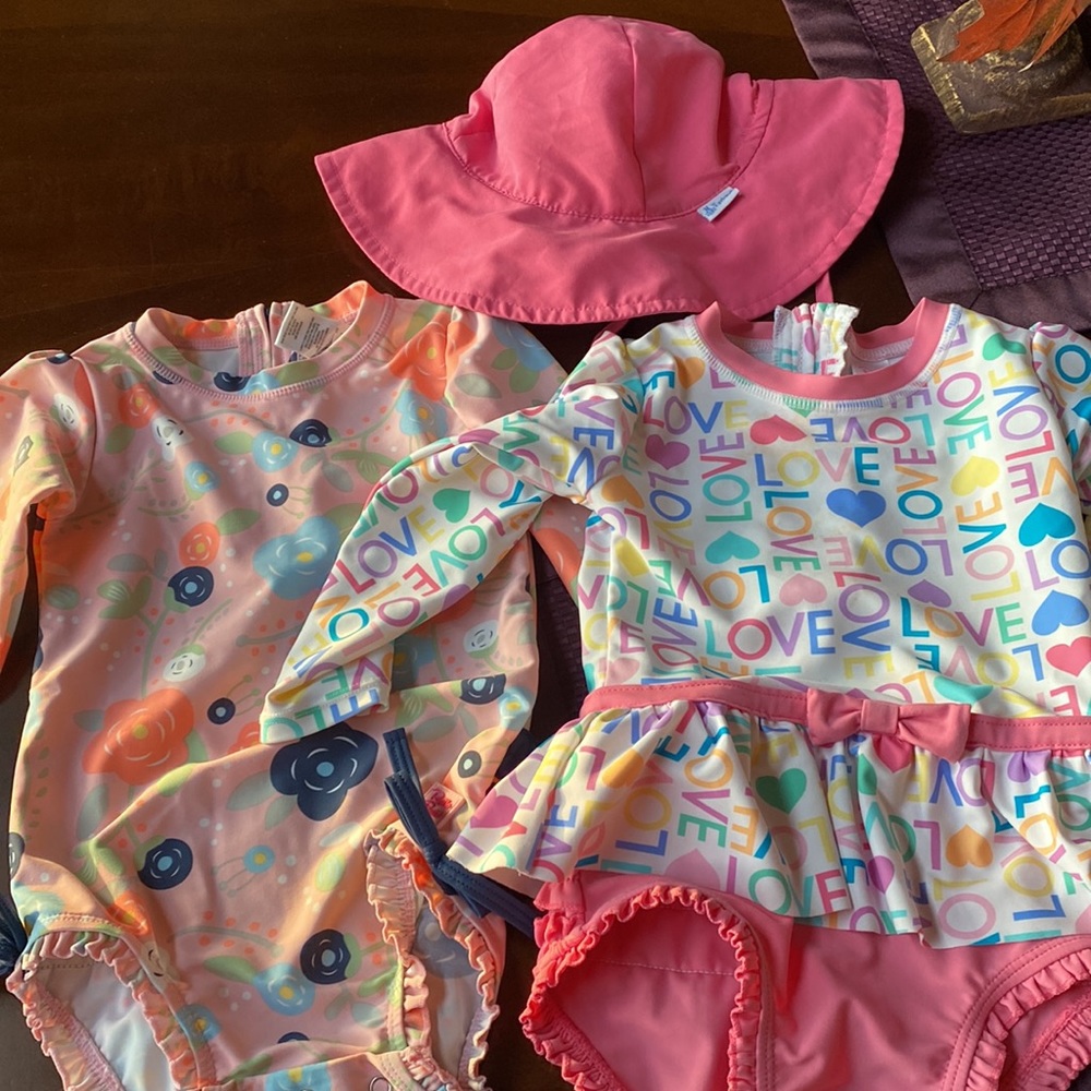 2 Ruffle Butts Rashguard bathing suits with beach hat